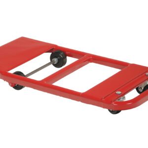 The red mechanics creeper, with a padded headrest and four black caster wheels, enables easy under-vehicle movement during repairs. Its metal frame and flat sleeper surface provide robust support akin to the Vestil Nose Plate Dolly 600 Lb Cap 32 X 15.25.