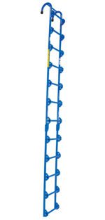 The Vestil Tank Access Ladder 12 Ft Height is a blue metal ladder with evenly spaced rungs and a hooked top end for easy hanging, providing secure access to elevated areas.