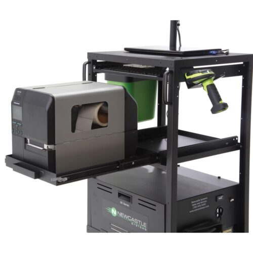 A mobile workstation featuring a printer, barcode scanner, and a compartment for organizing tools or supplies. The setup is mounted on a compact cart with wheels for easy movement, suitable for industrial or warehouse use.