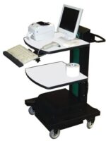 Mobile workstation cart with wheels, featuring a monitor, keyboard, mouse, and printer on the top shelf. The middle shelf holds a roll of labels, while the bottom section is a black storage unit. The cart is designed for easy transport.