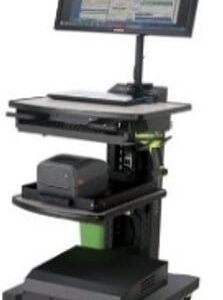 A mobile workstation with a computer monitor displaying graphs and charts. It has multiple shelves, one holding a printer, and is mounted on wheels for easy mobility.