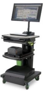 A mobile workstation cart with a mounted monitor displaying software. It has a keyboard, a printer on the middle shelf, and is equipped with wheels for mobility. The cart is black with green accents.
