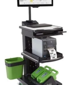 A mobile workstation with a monitor, computer, and printer on a wheeled cart. It features a green waste bin on the side, storage compartments, and green handheld scanning devices at the bottom.