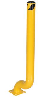 The Vestil Bollard Offset Steel, measuring 54 inches high and 4.5 inches in diameter, features a tall yellow design with a curved base, flat square mounting plate, and a top adorned with a black band and diagonal yellow stripe for robust impact protection and safety.