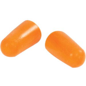 Two 3M™ - 1100 Foam Earplugs from the 1000/Case pack are seen on a white background. They feature a cylindrical shape with tapered ends, providing excellent hearing protection and comfort.