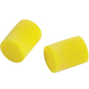 The image shows two yellow cylindrical foam earplugs, similar to the E-A-R™ Classic™ Earplugs in Pillow Pak 310 (200 Pair/Case), on a white background.