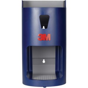 The blue wall-mounted paper towel dispenser, showcasing a red 3M logo on the front, has a bottom opening for towels and a top transparent window to check levels, perfectly complementing the 3M™ E-A-R™ One Touch™ Pro Earplug Dispenser.