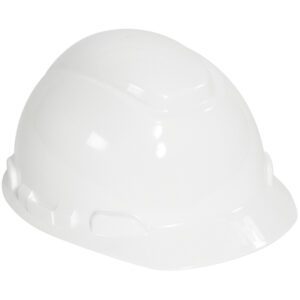 The 3M White Hard Hat H-700 - 4 PER CASE is set against a white backdrop, highlighting its robust design and providing safety with style in construction settings.