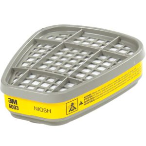 This image shows the 3M™-6003 Cartridge for Organic Vapor/Acid Gas, featuring a gray design with a yellow label, warning symbols, and a front grid pattern for effective filtering. Each case contains 60 units.