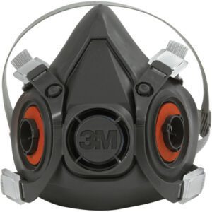 The 3M™ - 6200 Half Face Respirator in black, size Medium, has two circular filter ports and adjustable head straps for comfort and protection. Available in cases of 24.