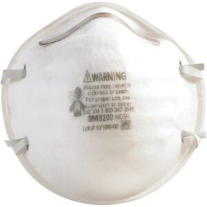 Close-up image of a white N95 respirator mask, the 3M™ - 8200 Dust Respirator (160/Case), showing visible text and warning label.