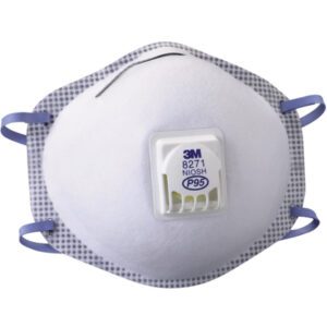 The 3M™ - 8271 Oil-Proof Respirator with Valve features blue straps, a white valve marked 3M 8271 NIOSH P95, dotted edges, and a metal strip for nose adjustment.