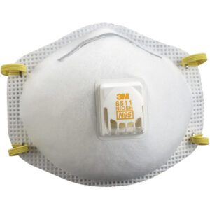A 3M™ - 8511 Dust Respirator, white with a yellow strap and front valve, features 3M 8511 NIOSH N95 printed prominently for reliable protection.