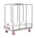 The Little Giant Roll Goods Truck has a sturdy gray metal frame and vibrant red wheels. It holds five large rolls of transparent plastic wrap, aligning perfectly on the bottom rack for any packaging task.