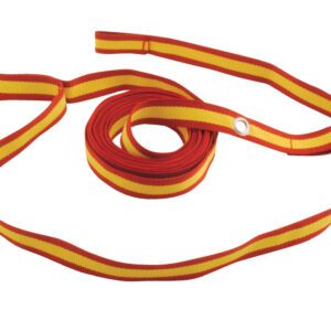 The Vestil Wheel Chock Strap & Hanger Kit offers a coiled red and yellow fabric strap with metal grommets, a durable metal rod, a small hook, and a versatile cylindrical piece.