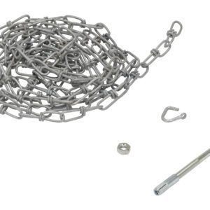 A Vestil Double Loop Coil Chain W/Hanger 15 Ft is elegantly coiled on a white background, accompanied by a hexagonal nut, small hook, and L-shaped metal tool for an industrial display.