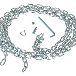 The Vestil Heavy Duty Coil Chain W/Hanger 15 Ft is showcased on a white background, highlighting various small parts including a hook, screw, bolt, and an L-shaped key.