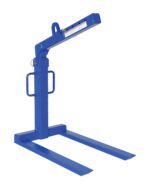 The Vestil Overhead Load Lifter Fixed 2K Cap features a strong metal frame, adjustable forklift boom, two long base prongs, and a horizontal pivoting arm for efficient heavy lifting and cargo handling.