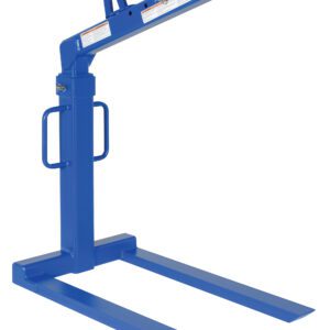 The Vestil Overhead Load Lifter Fixed 4K Cap is a blue industrial forklift attachment with two prongs and a vertical handle, featuring a fixed 4,000 lb capacity and a clearly marked instruction label on top.