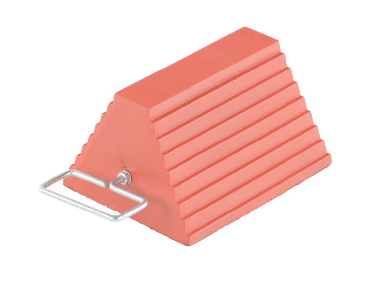 ORWC-8-HDL_A.jpg The Vestil Orange Rubber Wheel Chock W/ Handle is pyramid-shaped, horizontally ridged, and includes a sturdy metal handle for easy handling.