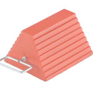The Vestil Orange Rubber Wheel Chock W/ Handle is pyramid-shaped, horizontally ridged, and includes a sturdy metal handle for easy handling.
