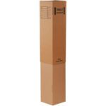 A tall, narrow cardboard box with Fragile and This Side Up notations is positioned vertically. It displays a label for MH-USA 12 5/16 x 12 5/16 x 40 Outer Lamp Boxes (15/Bundle) and has a plain brown design.