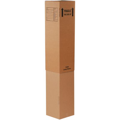 OUTERLAMP.jpg A tall, narrow cardboard box with Fragile and This Side Up notations is positioned vertically. It displays a label for MH-USA 12 5/16 x 12 5/16 x 40 Outer Lamp Boxes (15/Bundle) and has a plain brown design.