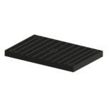 The Vestil Add-A-Level Base 24 X 36 X 2.875 is a black rectangular plastic pallet with a grid surface pattern of evenly spaced squares and a solid border, showcased on a white background.