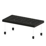 The Vestil Add-A-Level Add-On 24 X 48 X 2.625 features a sleek, black perforated platform with four detachable cylindrical legs marked by dashed lines on the underside for secure attachment.