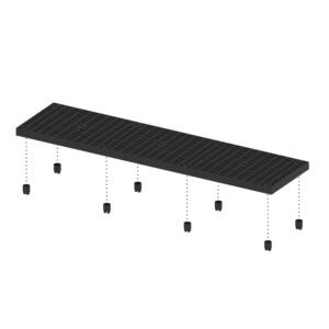 The Vestil Add-A-Level Add-On 24 x 96 x 2.625 is a sleek black rectangular shelf with a grid top. Adjustable legs in an exploded view indicate placement, standing out against the white background with its minimalist design.