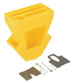 A yellow parrot-shaped plastic toolbox, echoing the Vestil Economical Crown Pallet Truck Caddy design, features compartments on top and sits proudly with various metal tools and components laid out in front of it.