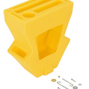 The Vestil Yellow Economical Pallet Truck Caddy, a yellow plastic block, has a large central opening and smaller slots on top like a tool holder. It includes various metal screws, washers, and hooks.