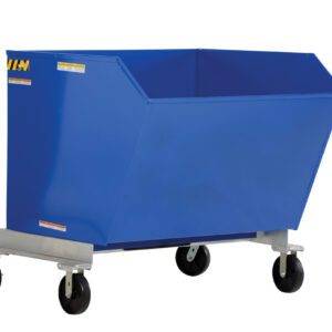 The Vestil Portable Hopper Tilt Refuse 0.5 Cubic Yd is a large blue industrial truck with a metal frame, four black wheels, and a rectangular open top, designed for transporting heavy materials up to 0.5 cubic yards.