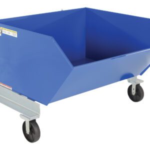 The Vestil Portable Hopper Tilt Refuse 1 Cubic Yd is a blue industrial truck with a rectangular open-top container and four wheels, ideal for moving heavy materials. It features a metallic silver frame for easy mobility, perfect for handling up to 1 cubic yard of refuse.