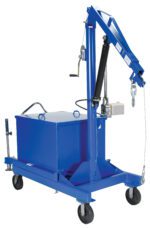 The Vestil Portable Cantilever Hoist 2000 Lb features a box-shaped base on four wheels, an adjustable arm, a hydraulic cylinder, a hand crank, and a hook for efficient lifting tasks.