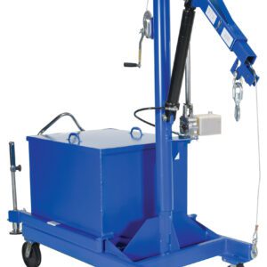 The Vestil Portable Cantilever Hoist 2000 Lb features a box-shaped base on four wheels, an adjustable arm, a hydraulic cylinder, a hand crank, and a hook for efficient lifting tasks.