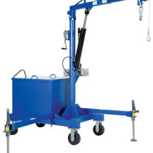 The blue Vestil Portable Cantilever Hoist 4000 Lb, a versatile mobile crane with four wheels, has extendable support legs. It features a hydraulic arm with a hook and includes a rectangular storage compartment for efficient heavy load transport.
