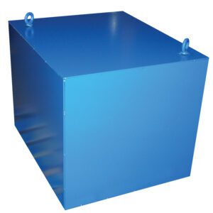 A large blue metal box, akin to the robust design of the Vestil Cantilever Hoist Option Ballast 4K Unit, has two metal loops on its top corners, set against a crisp white background.