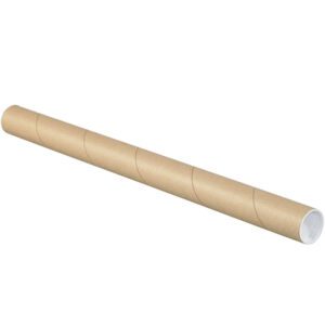 This long, cylindrical cardboard tube is ideal for shipping or storing documents or posters. It measures 1 1/2 x 36 with a light brown exterior, white interior, and capped ends. Available in cases of 50 as 1 1/2 x 36 Kraft Tubes with Caps (50/Case).