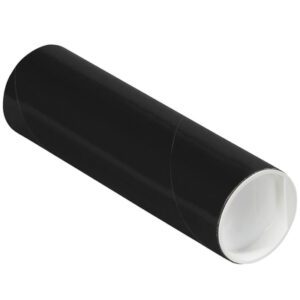 On a plain, light background lies a sleek black cylindrical cardboard tube with a white interior, resembling the MH-USA 2 x 6 Black Tubes with Caps (50/Case).