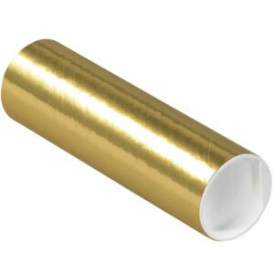 A shiny, cylindrical gold foil roll with white plastic ends stands out on a white background. Its reflective surface highlights its metallic texture. The MH-USA 2 x 6 Gold Tubes with Caps (50/Case) are elegant and versatile.