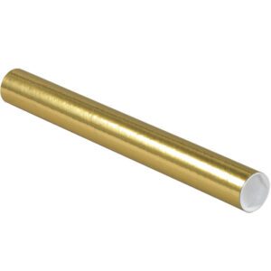A roll of gleaming gold wrapping paper, resembling the MH-USA 2 x 18 Gold Tubes with Caps (50/Case), lies diagonally on a plain backdrop, with its white interior faintly visible.