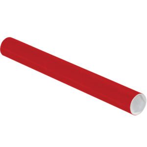 A red, long, cylindrical mailing tube with a white interior is part of the MH-USA 2 x 18 Red Tubes with Caps (50/Case) set.
