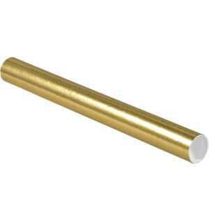 A roll of shiny gold wrapping paper is positioned diagonally, resembling the MH-USA tube product with the white inner side visible at its open end.
