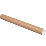 A long, cylindrical brown tube with a white interior leans upward, resembling the sturdy 2 x 22 Kraft Tubes with Caps (50/Case) designed for secure and efficient packaging.