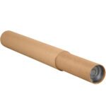 The 4 3/4 x 60 - 120 Kraft Adjustable Tube, featuring a brown cardboard design with a plastic cap on one end, is shown lying horizontally against a plain background. Available in cases of 15, it ensures your items are securely packed and protected during transit.