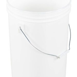A Vestil White Open Head Pail Steel Hand 6 Gal stands upright against a plain white background, highlighting its sturdy capacity. Its sleek plastic design and durable steel handle make it practical and stylish.