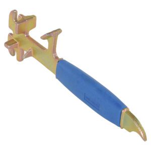 Close-up of a versatile brass railroad tool with a blue rubber grip, similar to the practicality of the 11x3.5x1 Vestil Steel Pail Opener. It boasts notches and hooks for specific tasks, and one side features a pointed end.