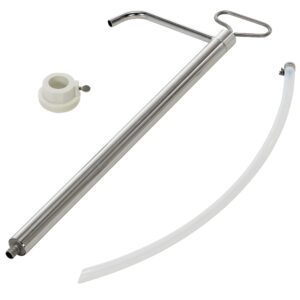 A stainless steel racking cane with a hooked top is combined with a clear hose and white plastic clamp, echoing the precision and durability of the Vestil Stainless Stl Piston Pail Pump 1 In Bung. All presented on a pristine white background.