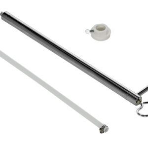 A silver metal bar with a hooked end, featuring a plastic cap and loop, is displayed on a white background like elements of the Vestil Steel Piston Pail Pump 1 In Bung.